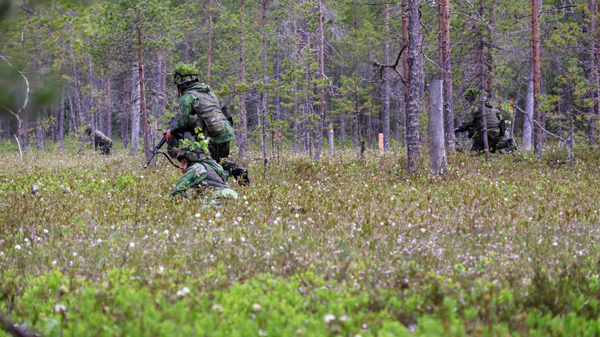 Kuvassa sotilaat harjoittelevat vaikeakulkuisella suoalueella