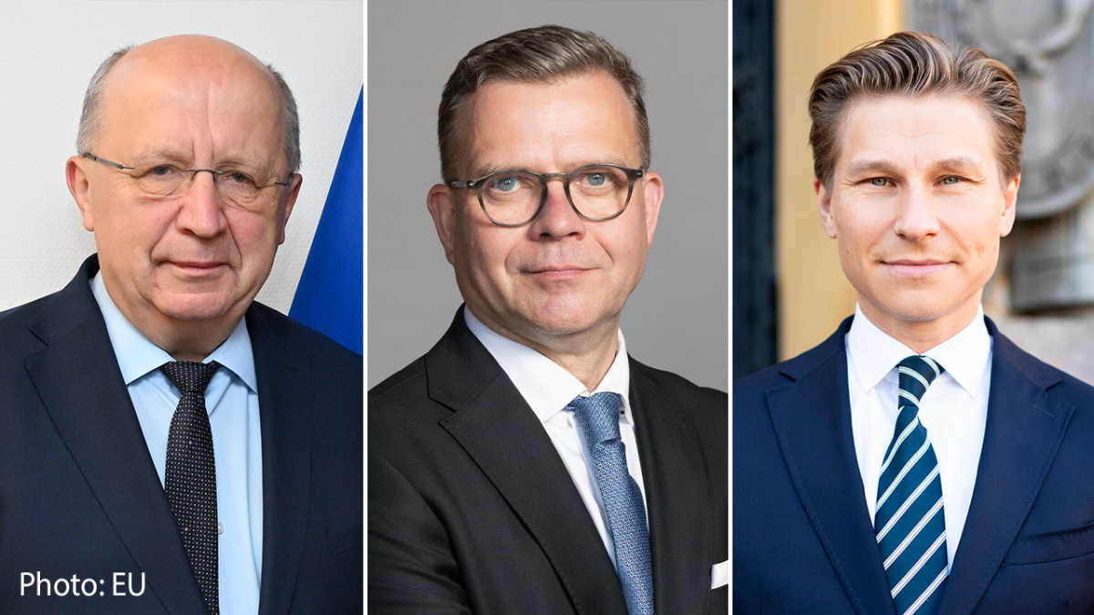 In the photo Commissioner Andrius Kubilius, Prime Minister Petteri Orpo and Minister of Defence Antti Häkkänen